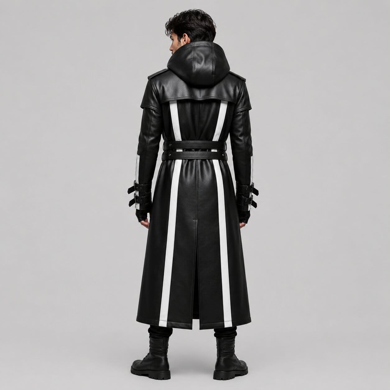 Men's Black and White Genuine Leather Hooded Coat with Gothic Futuristic Design by avanzar leather