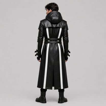 Men's Black and White Genuine Leather Hooded Coat with Gothic Futuristic Design by avanzar leather