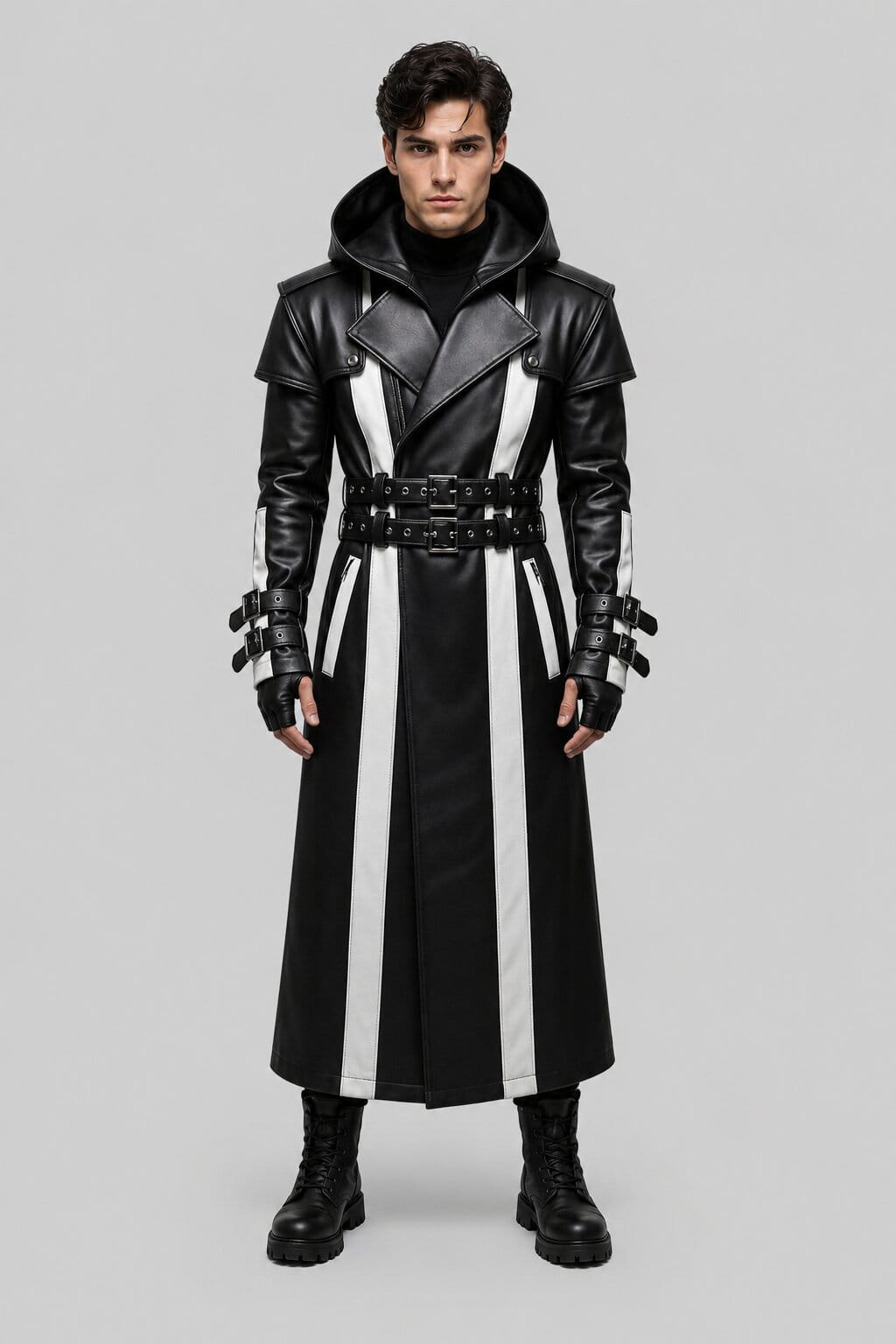 Men's Black and White Genuine Leather Hooded Coat with Gothic Futuristic Design by avanzar leather