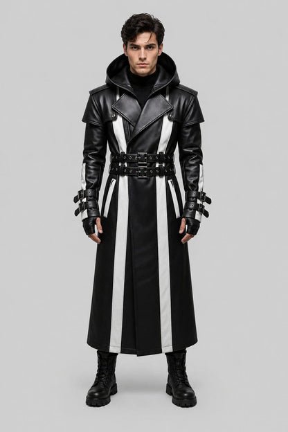 Men's Black and White Genuine Leather Hooded Coat with Gothic Futuristic Design by avanzar leather