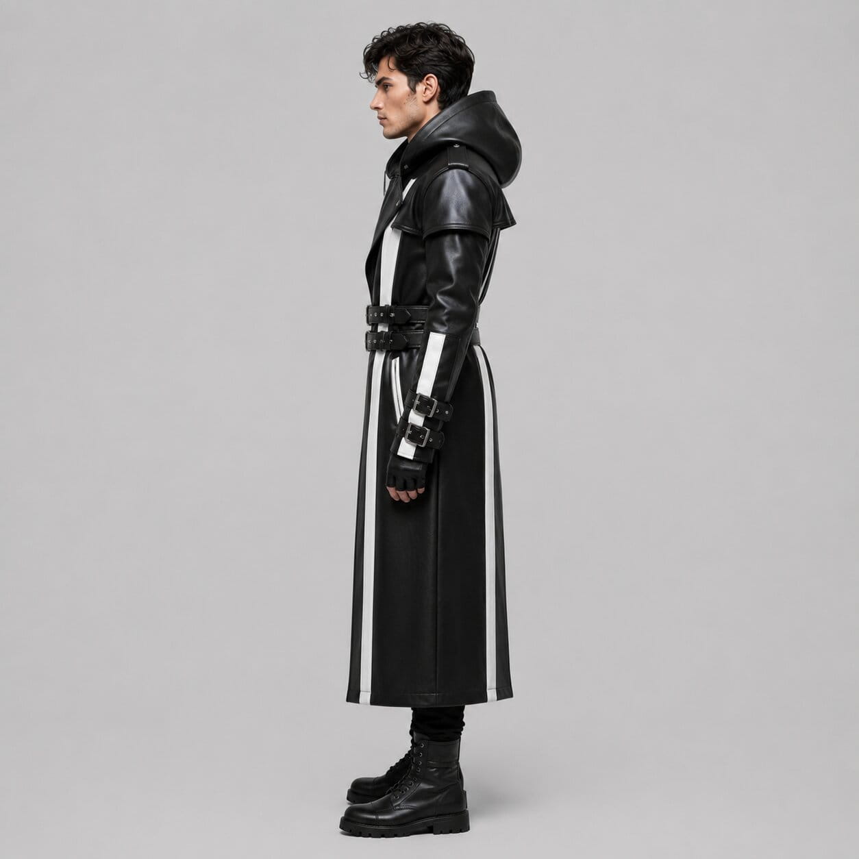 Men's Black and White Genuine Leather Hooded Coat with Gothic Futuristic Design by avanzar leather