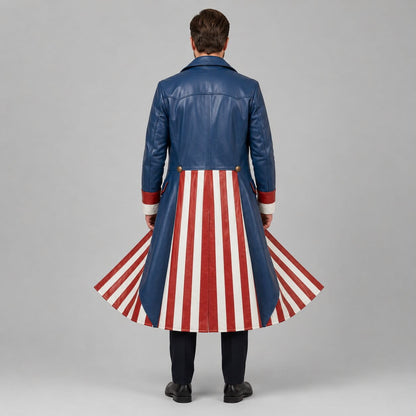Men's Blue Genuine Leather Long Coat with Patriotic Cosplay Trench Design by avanzar leather