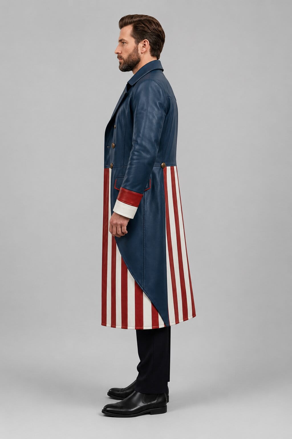 Men's Blue Genuine Leather Long Coat with Patriotic Cosplay Trench Design by avanzar leather