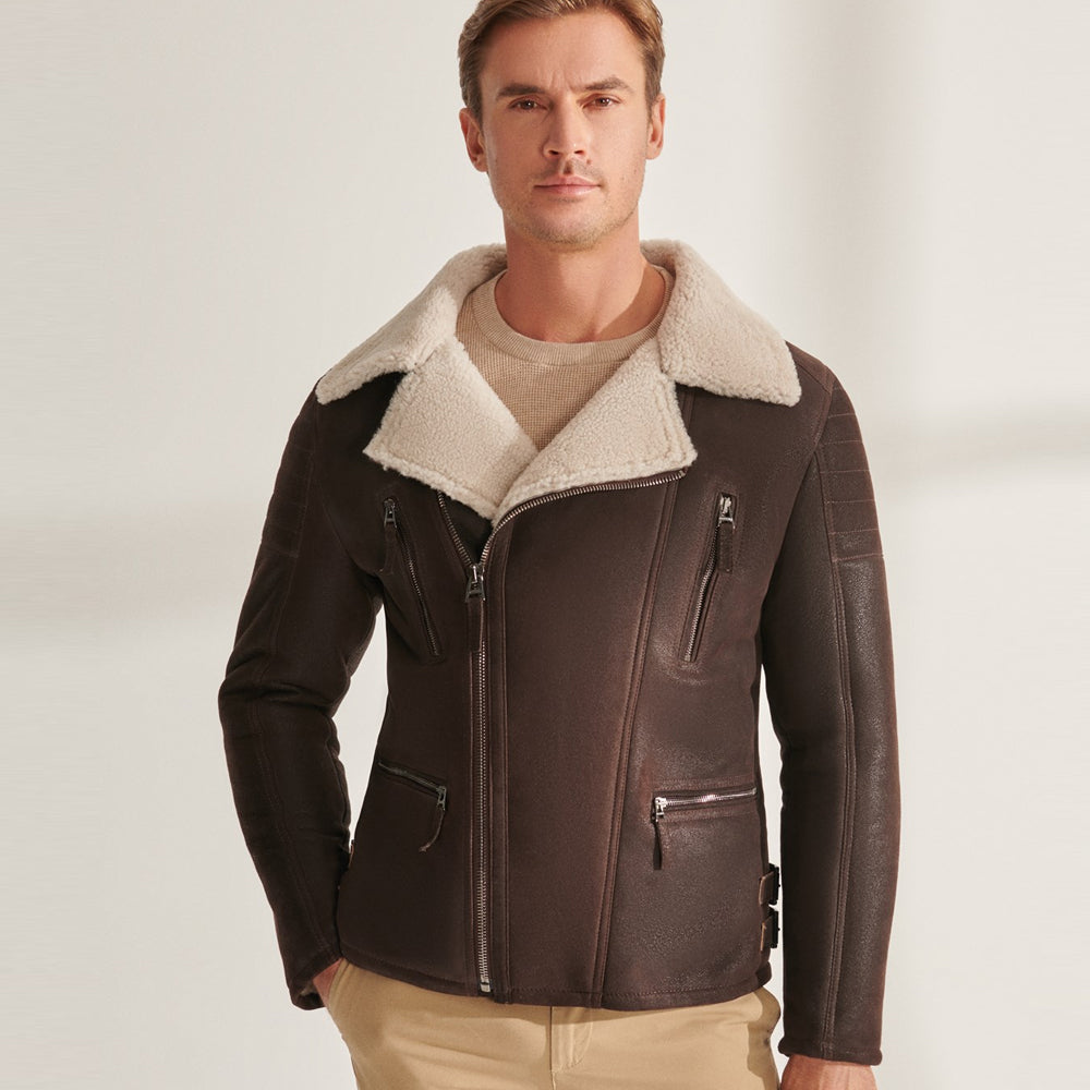 Men's Brown B3 Pilot Sheepskin Shearling Biker Aviator Jacket