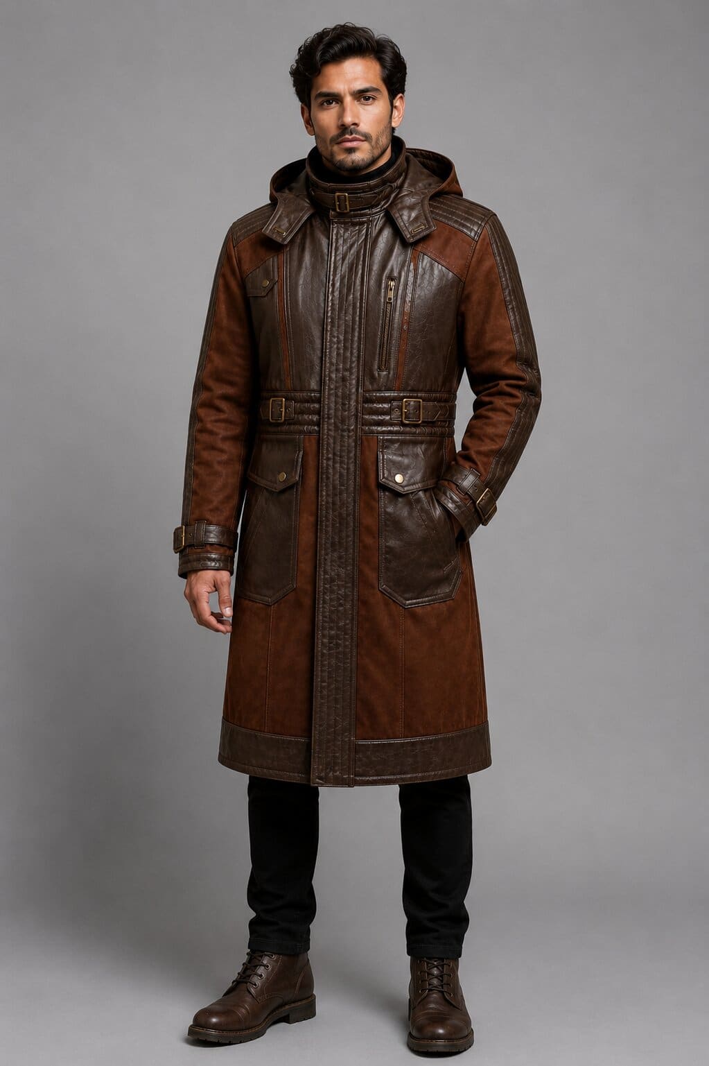 Men's Brown Distressed Leather Trench Coat with Buckle Collar Biker Style by avanzar leather
