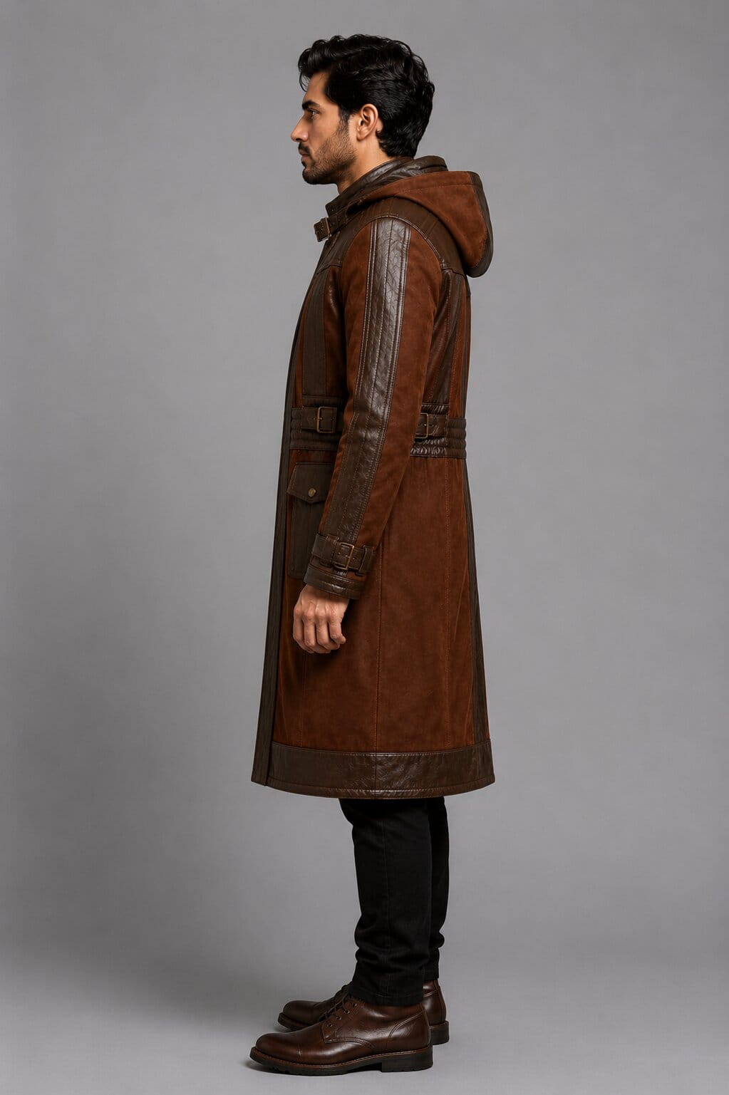 Men's Brown Distressed Leather Trench Coat with Buckle Collar Biker Style by avanzar leather