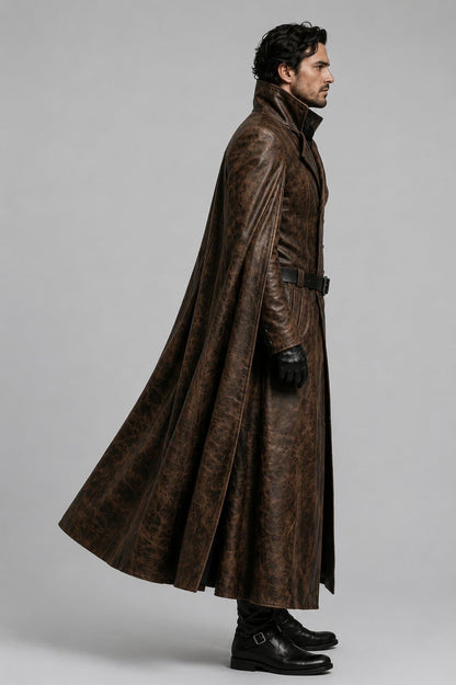 Men's Brown Distressed Leather Viking Coat with Medieval Warrior Cape Style by avanzar leather