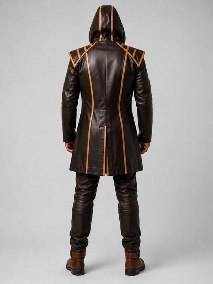 Men's Brown Genuine Cowhide Leather Medieval Overcoat With Hooded Warrior Armor Design by avanzar leather