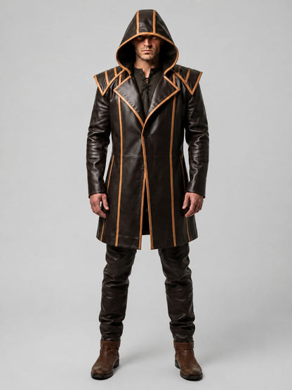 Men's Brown Genuine Cowhide Leather Medieval Overcoat With Hooded Warrior Armor Design by avanzar leather