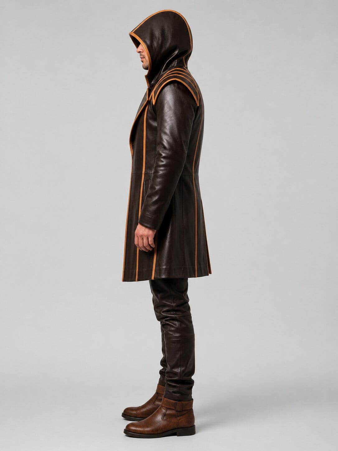 Men's Brown Genuine Cowhide Leather Medieval Overcoat With Hooded Warrior Armor Design by avanzar leather