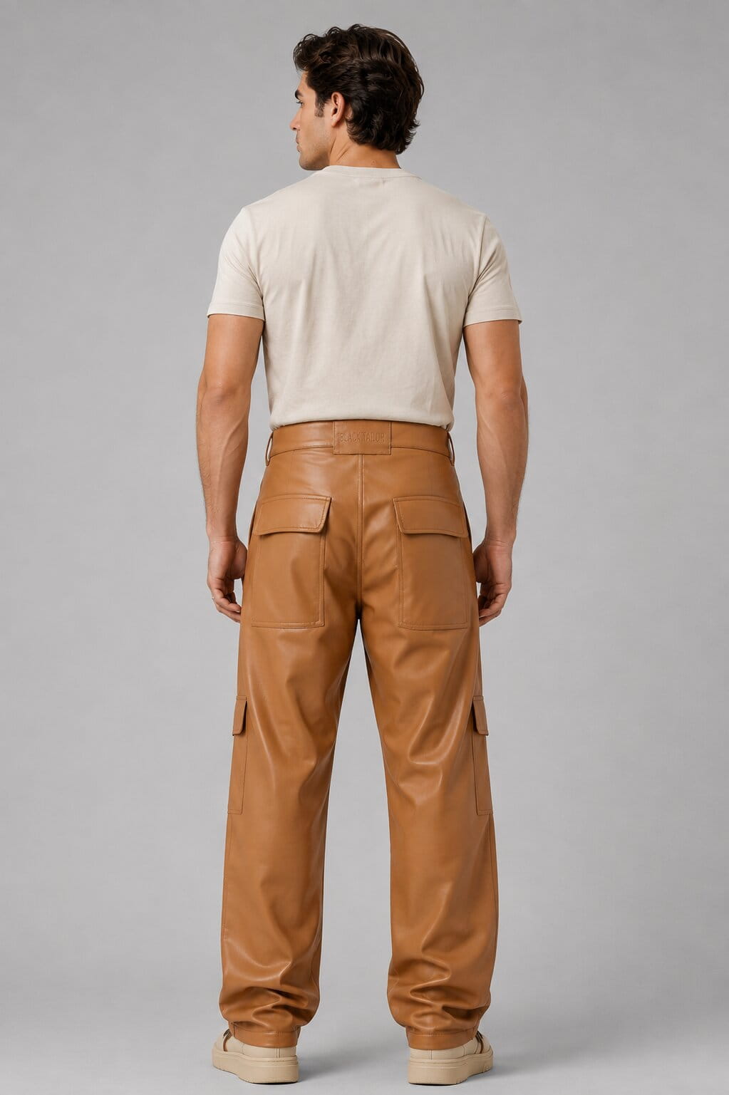 Men's Brown Leather Cargo Pants - Rugged Utility Style back view by avanzar leather