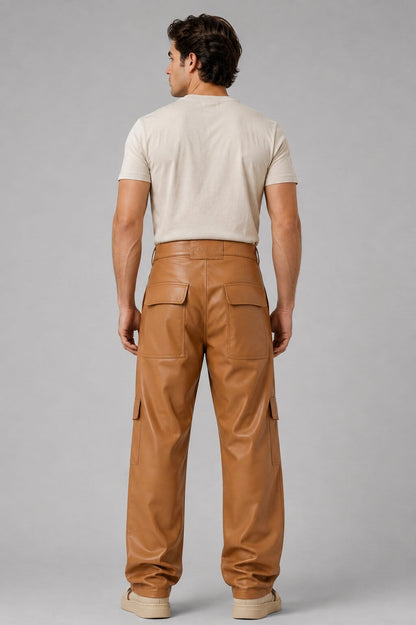 Men's Brown Leather Cargo Pants - Rugged Utility Style back view by avanzar leather