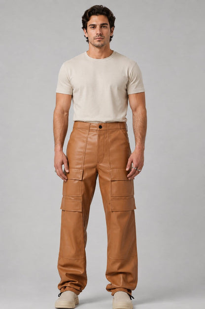 Men's Brown Leather Cargo Pants - Rugged Utility Style front view by avanzar leather