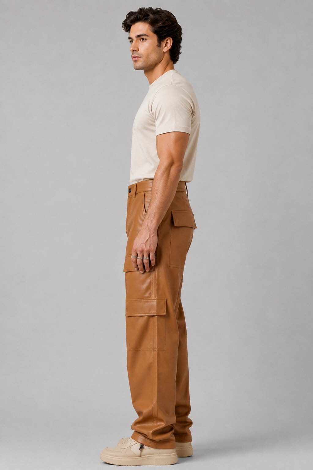 Men's Brown Leather Cargo Pants - Rugged Utility Style sid view by avanzar leather