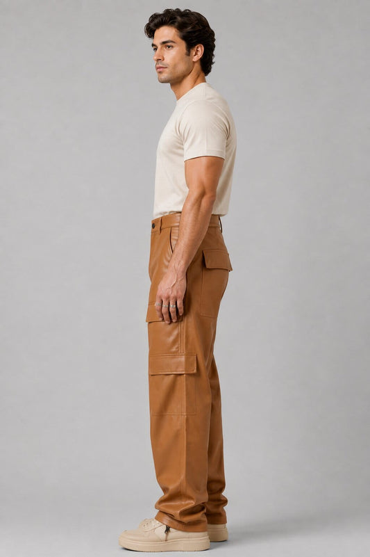 Men's Brown Leather Cargo Pants - Rugged Utility Style sid view by avanzar leather