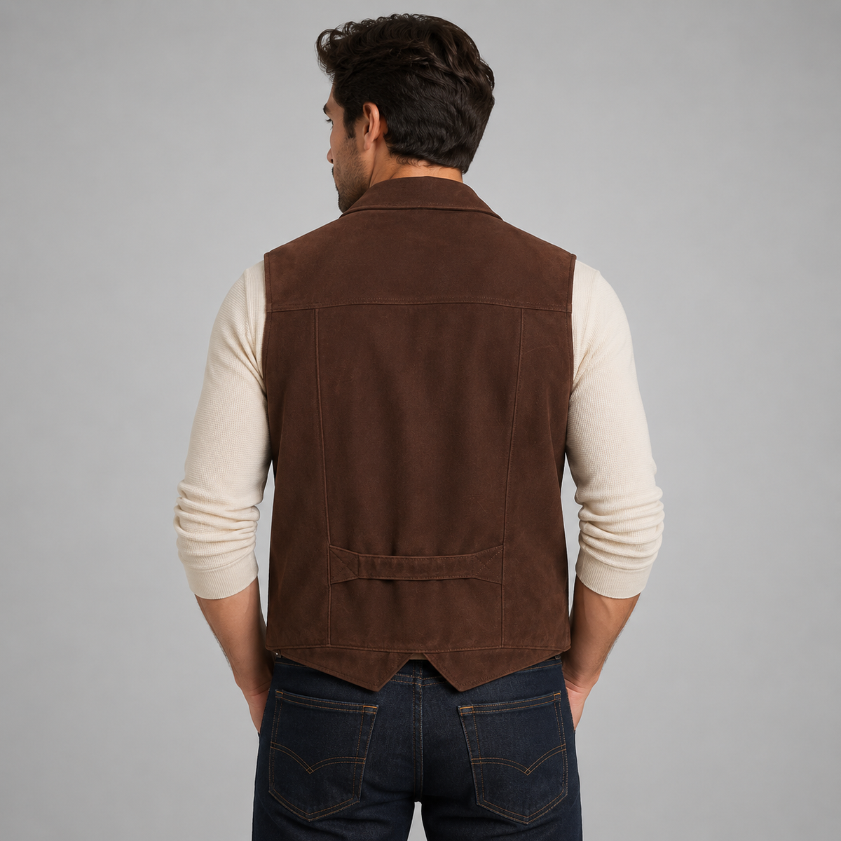 Men's Brown Multi Pocket Leather Vest - Rugged Utility Style back view by avanzar leather
