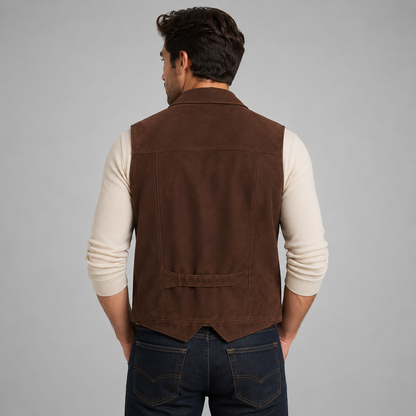 Men's Brown Multi Pocket Leather Vest - Rugged Utility Style back view by avanzar leather