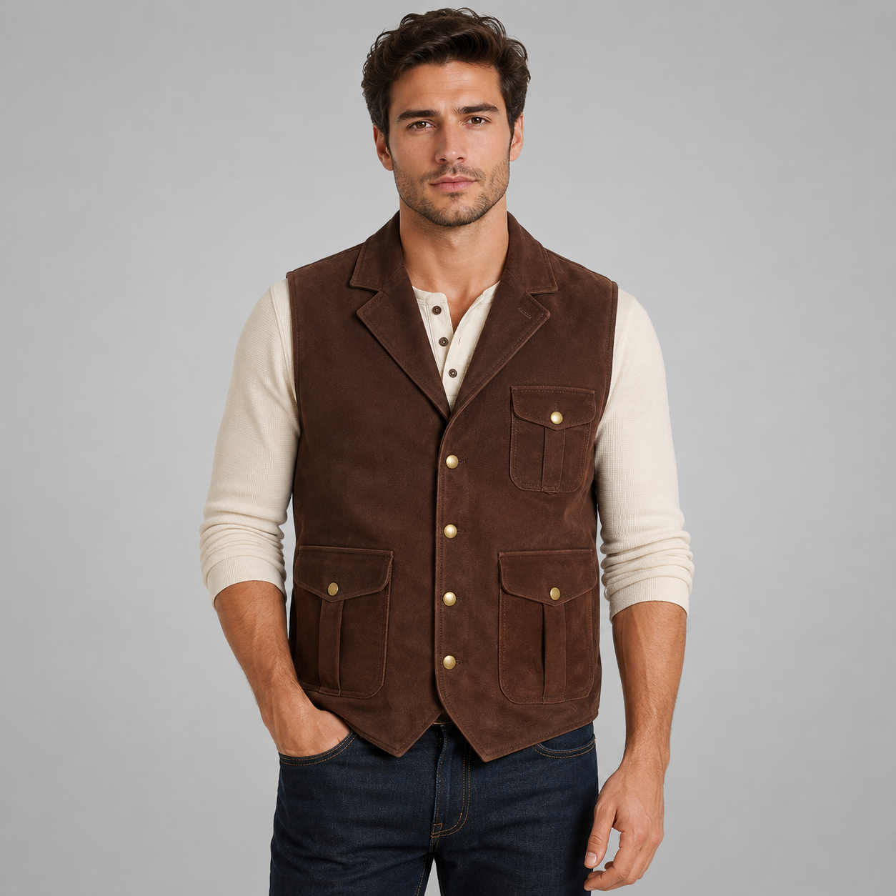 Men's Brown Multi Pocket Leather Vest - Rugged Utility Style front view by avanzar leather