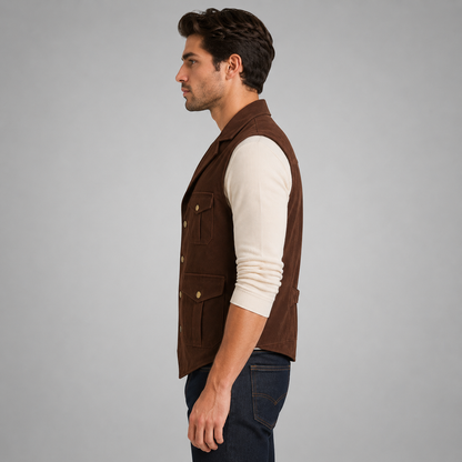 Men's Brown Multi Pocket Leather Vest - Rugged Utility Style sid view by avanzar leather