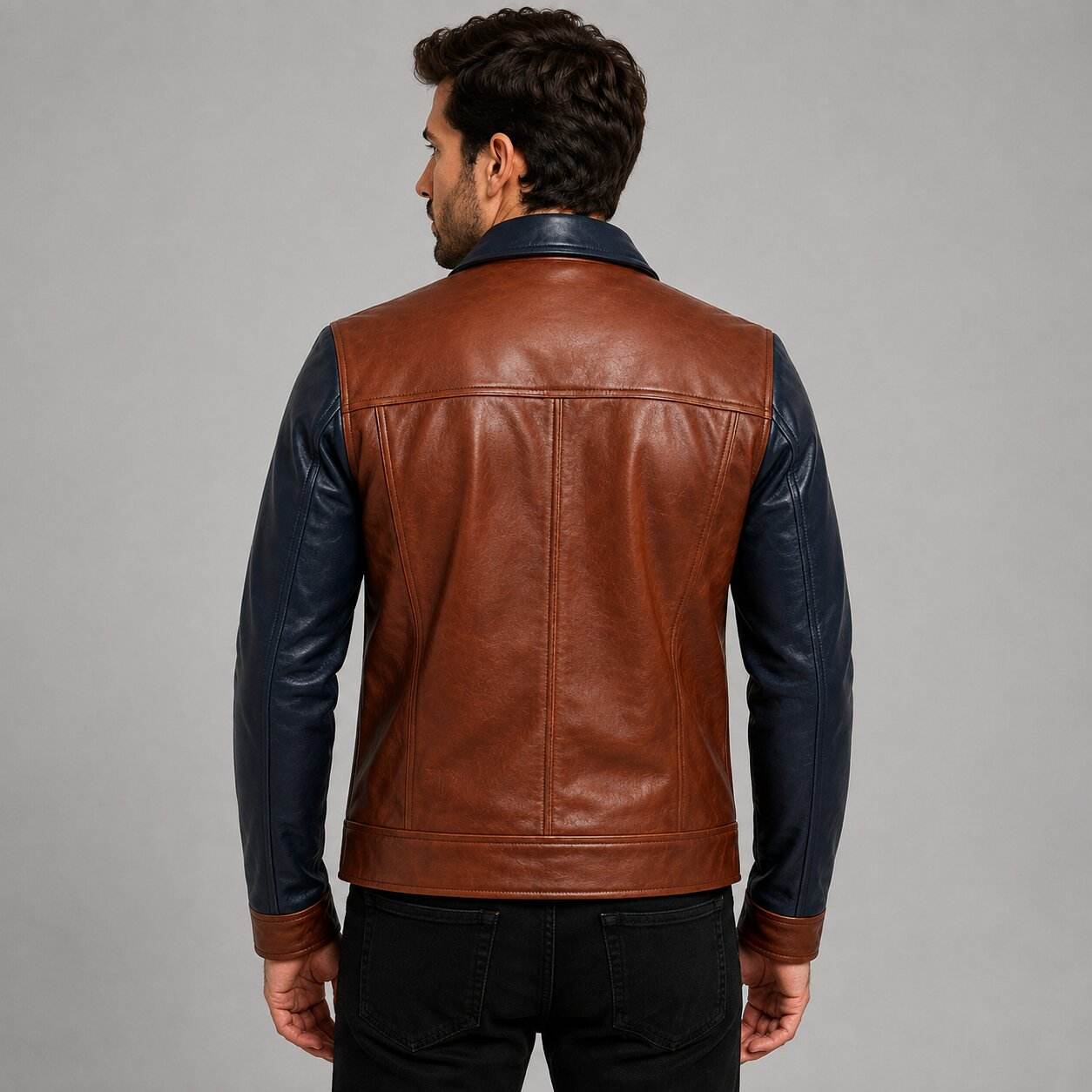 Men's Brown Navy Two Tone Leather Cafe Racer Jacket back view by avanzar leather
