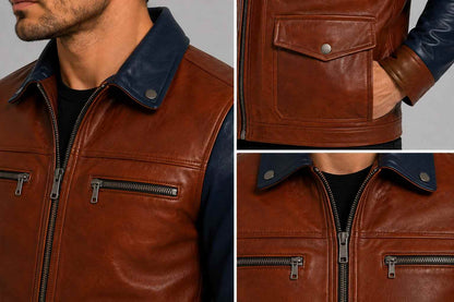 Men's Brown Navy Two Tone Leather Cafe Racer Jacket closeup view by avanzar leather