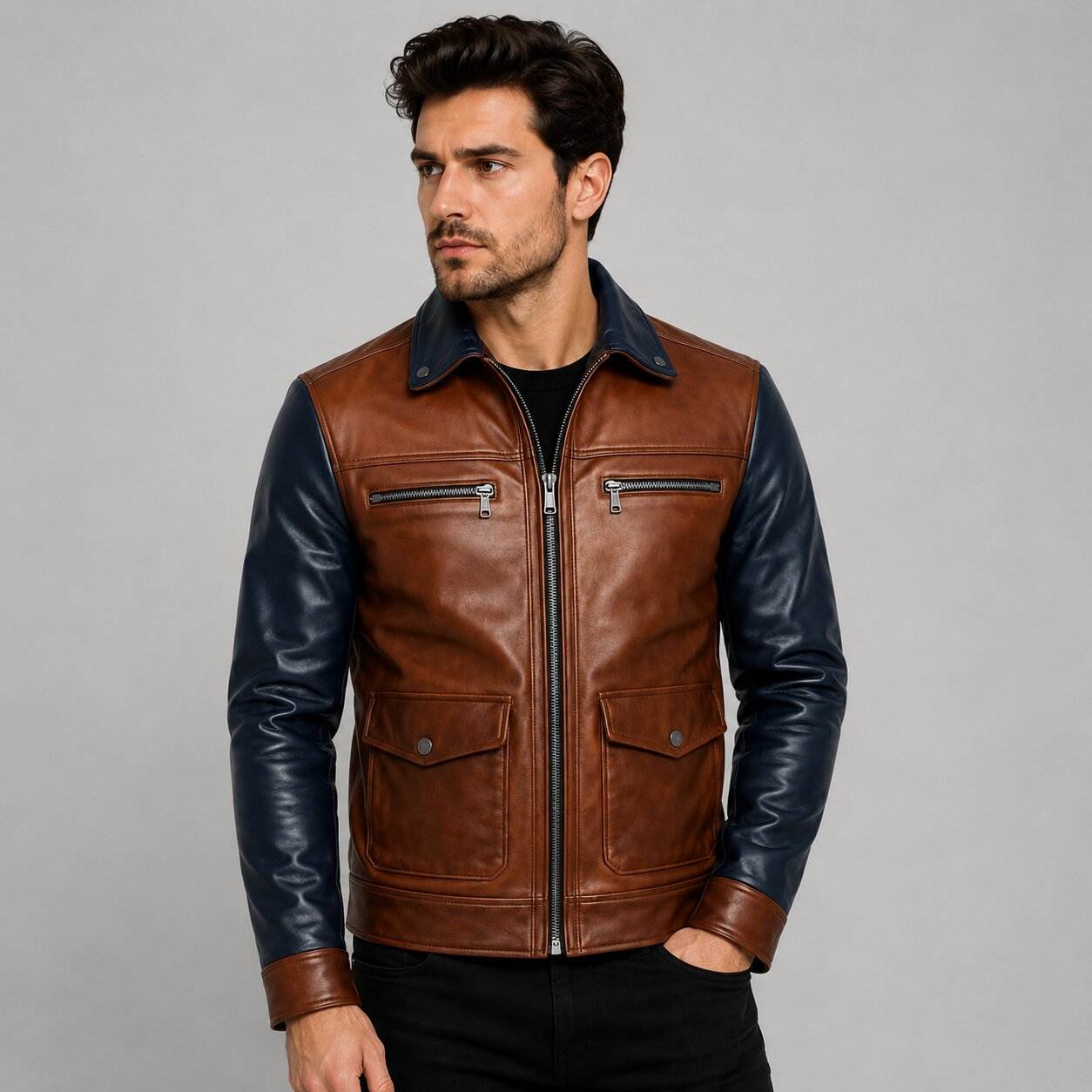 Men's Brown Navy Two Tone Leather Cafe Racer Jacket front view by avanzar leather