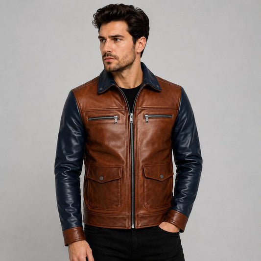 Men's Brown Navy Two Tone Leather Cafe Racer Jacket front view by avanzar leather
