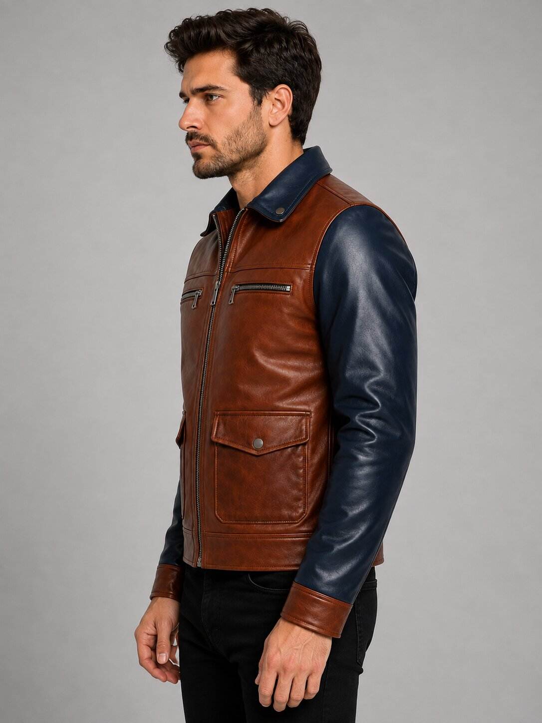 Men's Brown Navy Two Tone Leather Cafe Racer Jacket sid view by avanzar leather