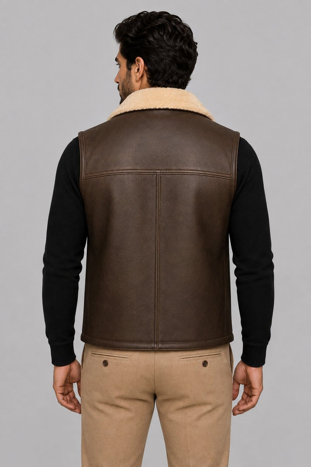 Men's Brown Shearling Leather Vest - Genuine Sheepskin Fur back view by avanzar leather
