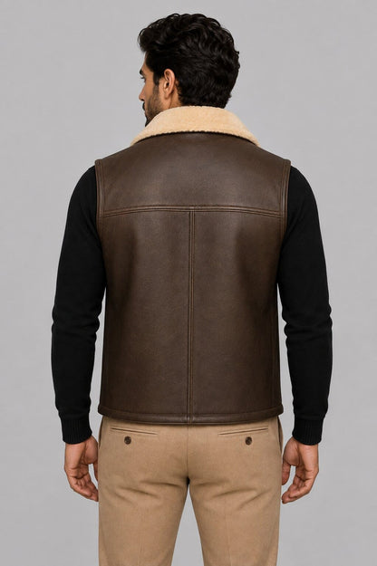 Men's Brown Shearling Leather Vest - Genuine Sheepskin Fur back view by avanzar leather