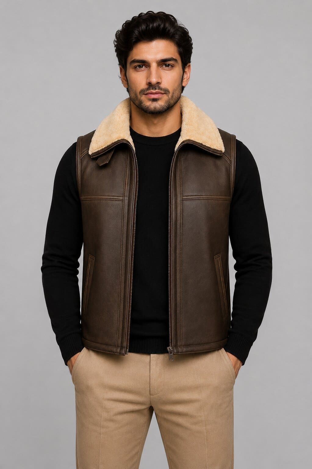 Men's Brown Shearling Leather Vest - Genuine Sheepskin Fur front view by avanzar leather