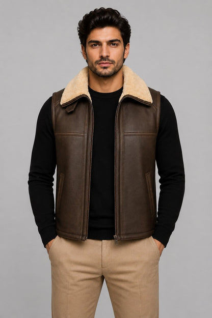 Men's Brown Shearling Leather Vest - Genuine Sheepskin Fur front view by avanzar leather