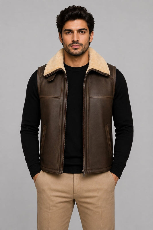 Men's Brown Shearling Leather Vest - Genuine Sheepskin Fur front view by avanzar leather