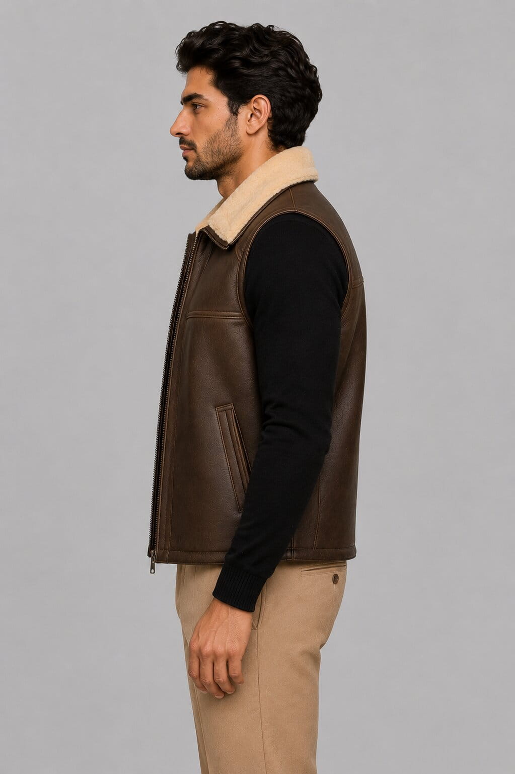 Men's Brown Shearling Leather Vest - Genuine Sheepskin Fur sid view by avanzar leather