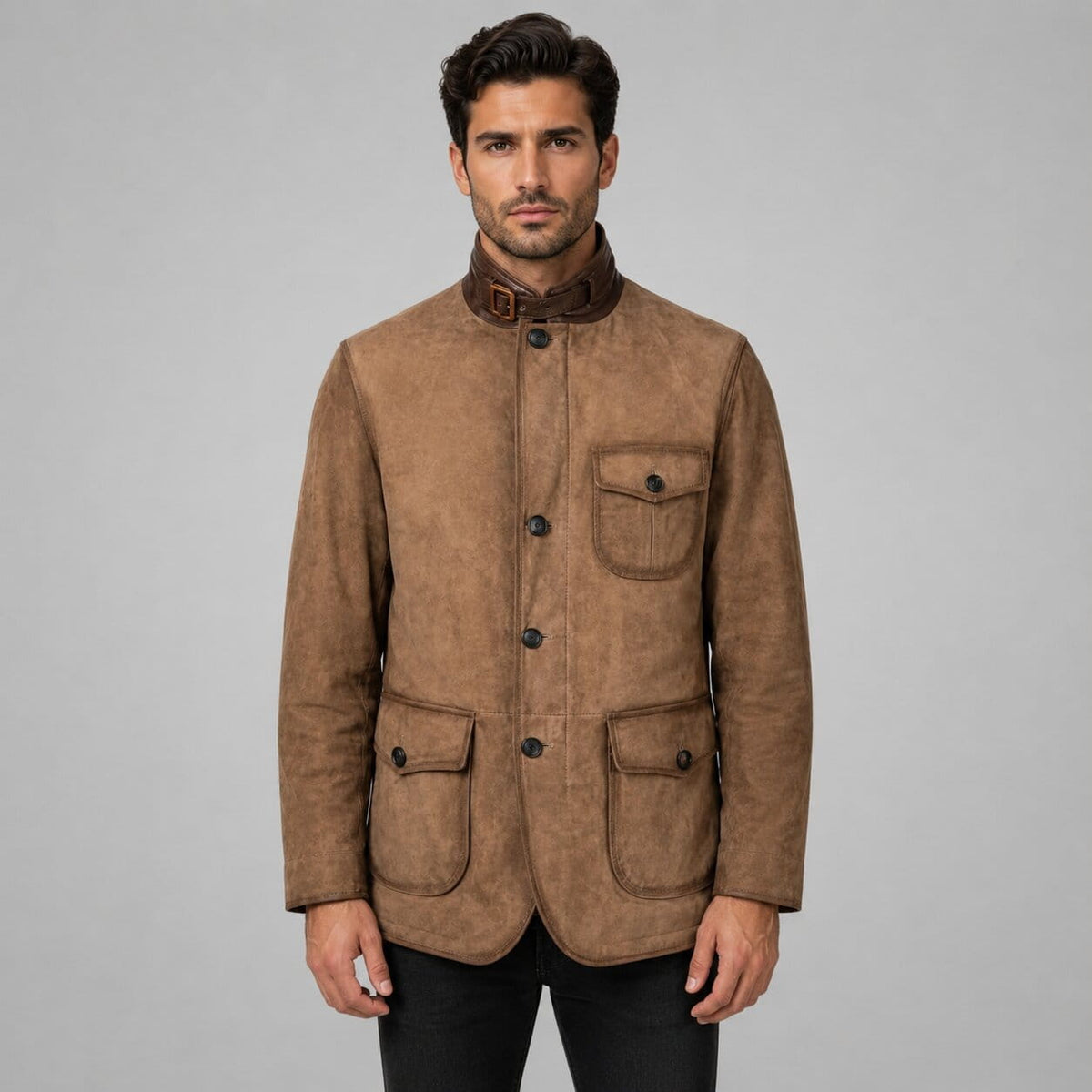 Men's Brown Suede Leather Blazer - Premium Leather Design front view by avanzar leather