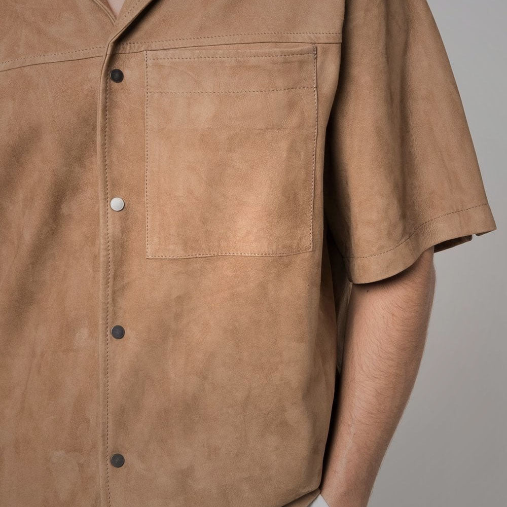 Men's Brown Suede Leather Half Sleeves Shirt