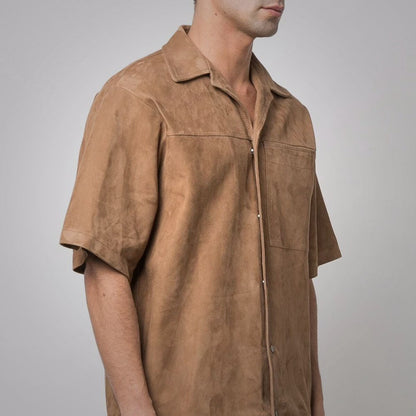 Men's Brown Suede Leather Half Sleeves Shirt