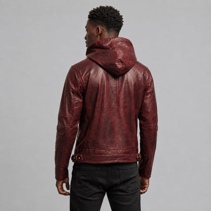 Men’s Burgundy Leather Hoodie Jacket Distressed Cowhide Biker Style back view by avanzar leather