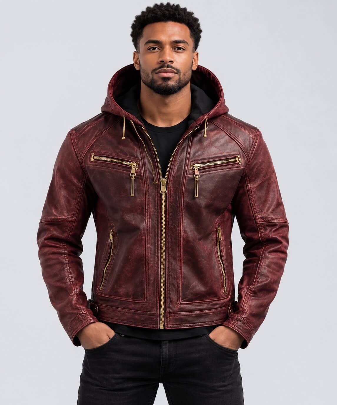 Men’s Burgundy Leather Hoodie Jacket Distressed Cowhide Biker Style front view by avanzar leather