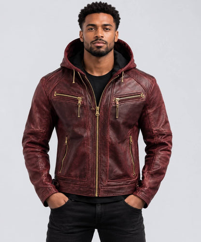 Men’s Burgundy Leather Hoodie Jacket Distressed Cowhide Biker Style front view by avanzar leather