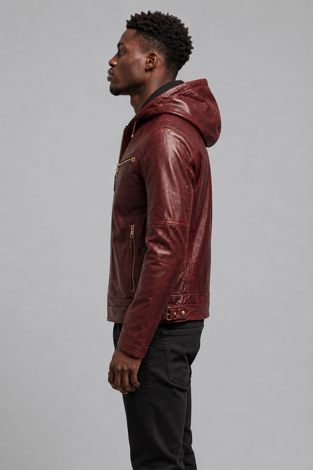Men’s Burgundy Leather Hoodie Jacket Distressed Cowhide Biker Style sid view by avanzar leather