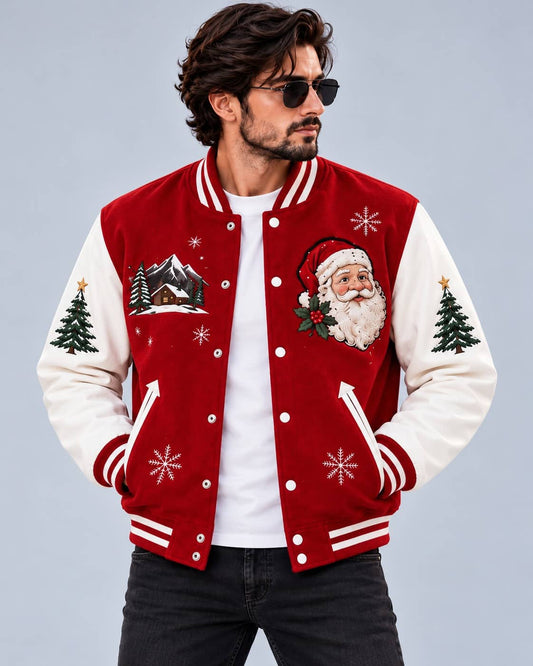 Men's Christmas Varsity Jacket – Red Wool & Cream Leather with Santa Embroidery