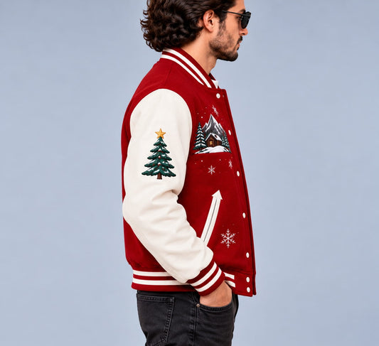 Men's Christmas Varsity Jacket – Red Wool & Cream Leather with Santa Embroidery