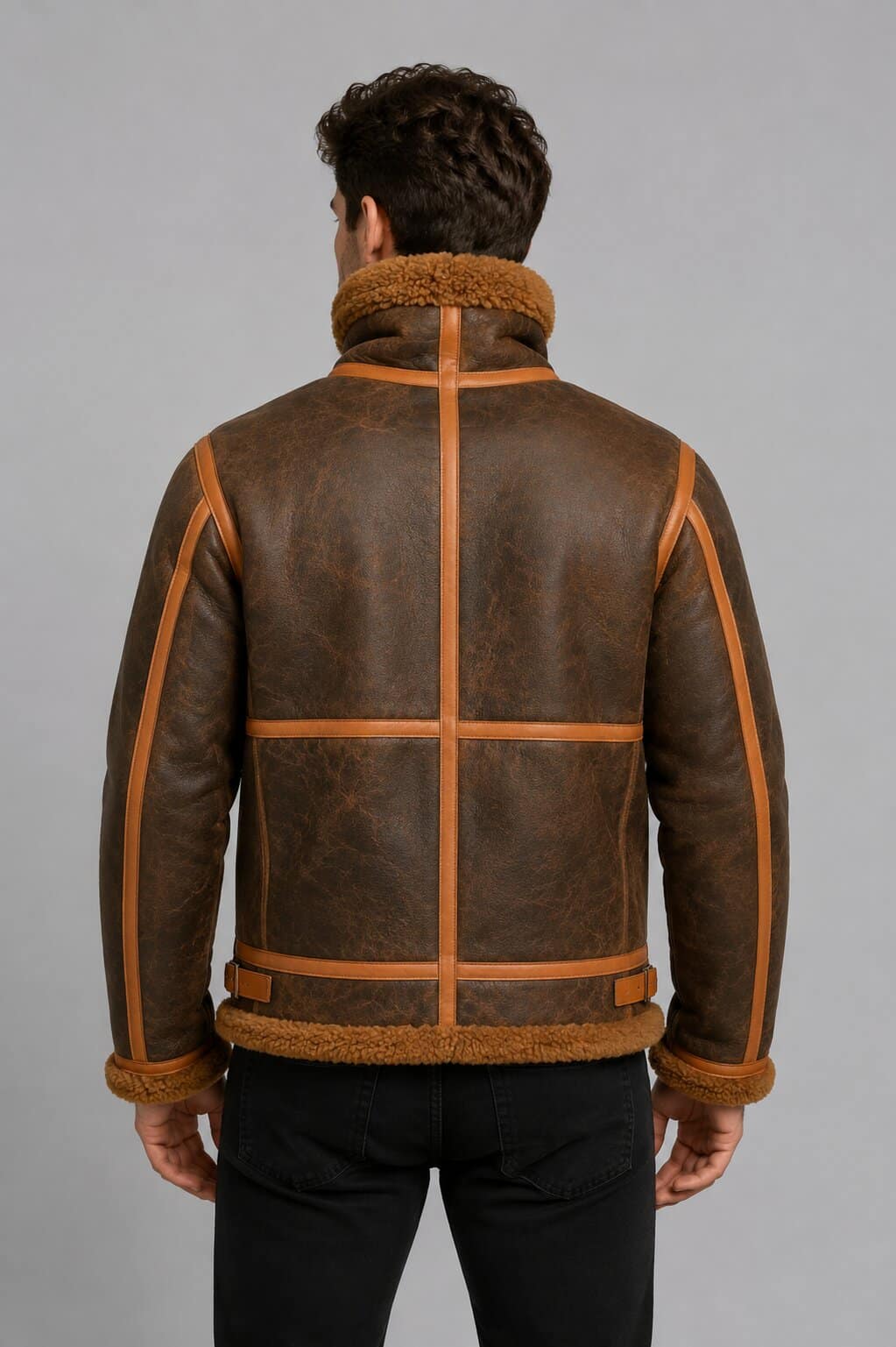 Men's Classic B3 Leather Bomber Jacket - Warm Fur Lined Design back view by avanzar leather