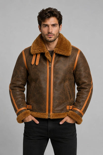 Men's Classic B3 Leather Bomber Jacket - Warm Fur Lined Design front view by avanzar leather