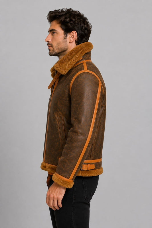Men's Classic B3 Leather Bomber Jacket - Warm Fur Lined Design sid view by avanzar leather