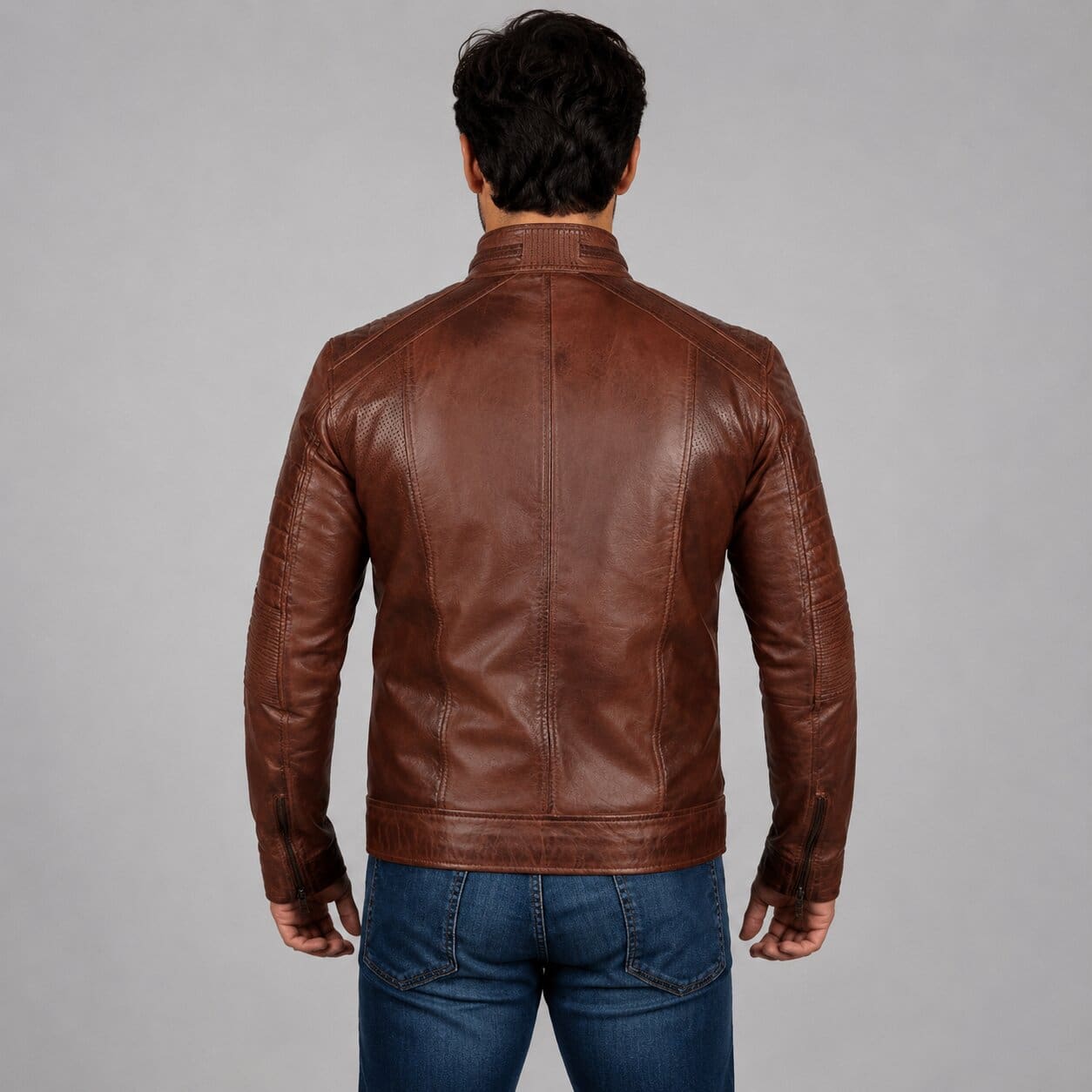 Men’s Cognac Brown Distressed Motorcycle Leather Jacket - Premium Style back view by avanzar leather