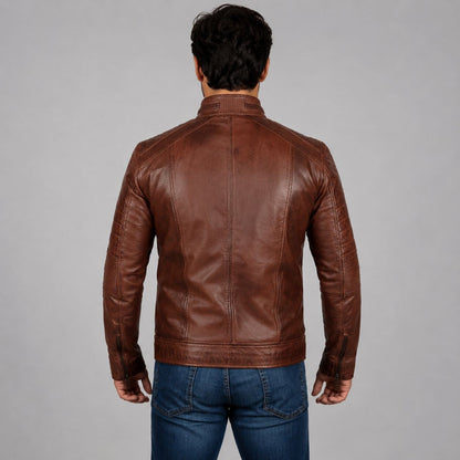 Men’s Cognac Brown Distressed Motorcycle Leather Jacket - Premium Style back view by avanzar leather