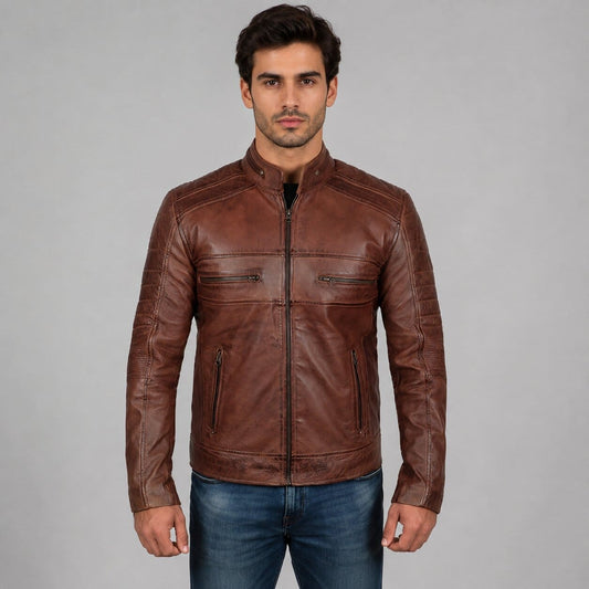 Men’s Cognac Brown Distressed Motorcycle Leather Jacket - Premium Style front view by avanzar leather