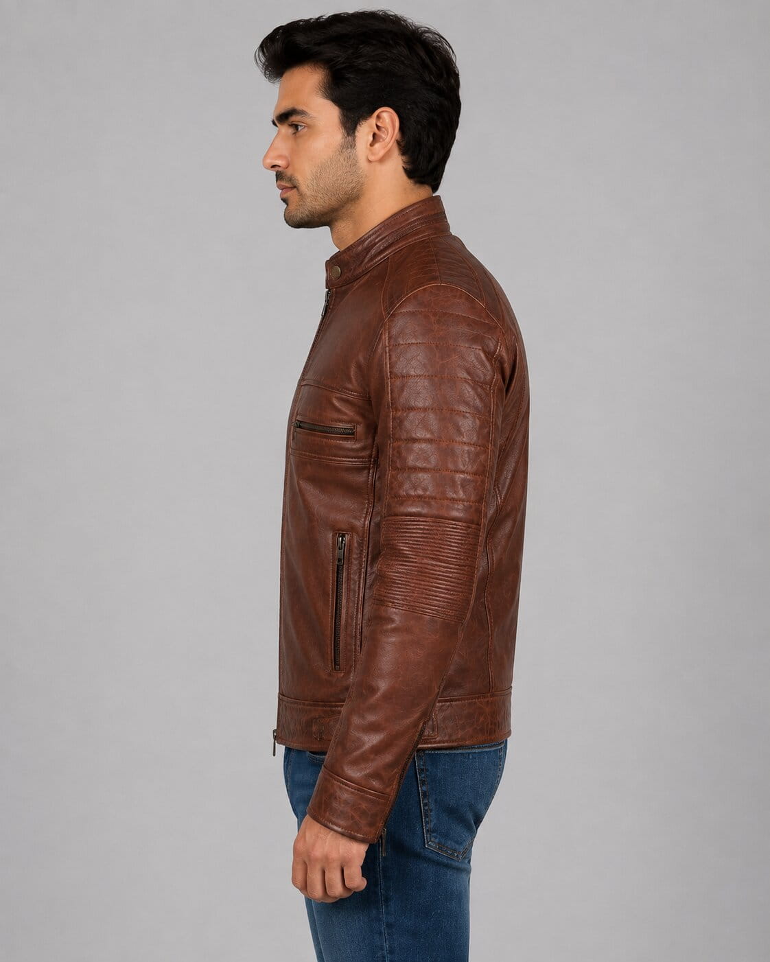 Men’s Cognac Brown Distressed Motorcycle Leather Jacket - Premium Style sid view by avanzar leather